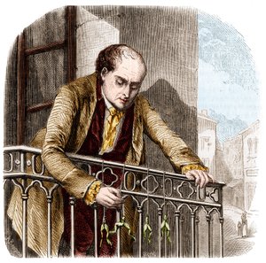 رسم توضيحي لتجارب لويجي جالفاني ، الفيزيائي والطبيب الإيطالي (1737 - 1798) مع الضفادع. بواسطة فنان غير معروف