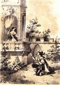 رسم توضيحي لأغنية "الملك دق الطبل": رجل يعلن حبه لامرأة على نافذته. sd. بواسطة فنان غير معروف