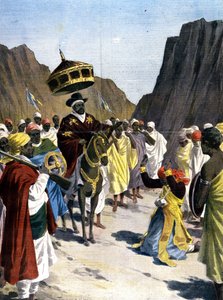 في بوروميدا ، قام رأس مانجاشا ، حاكم مقاطعة تيغراي (تيغراي) في الحبشة ، بعمل استسلام لنيجوس مينليك الثاني (1844 - 1913) بالحجر حول رقبته. 1899. إيل دي سيلويت للصحافة. بواسطة فنان غير معروف