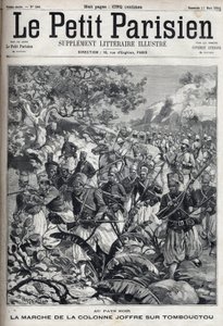 في المستعمرات الفرنسية: مسيرة عمود الجنرال جوزيف جوفر (1852-1931) وجيشه من spahis في تمبكتو (مالي). نقش في "" Le Parisien "" بواسطة فنان غير معروف