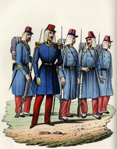 مشاة الجيش الفرنسي لأفريقيا ؛ ضابط وضابط صف وجنود في الجزائر عام 1830. في "" Storia d'Algeri "" ، Leone Galibert ، المجلد. 2 بواسطة فنان غير معروف