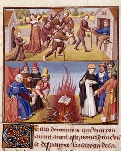 محكمة التفتيش "" Autodafe برئاسة القديس دومينيك دي جوزمان (1170-1221) ، مؤسس النظام الدومينيكي ، وإثبات نار الكتاب الهرطقي والكتاب الأرثوذكسي "" Miniature in "" Le miroir historyial "" (Speculum Historiale) ( 1196 ،  بواسطة فنان غير معروف
