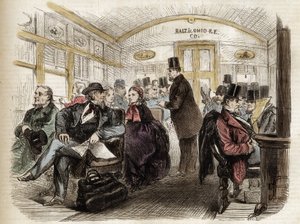 داخل عربة على سكة حديد بالتيمور وأوهايو ، الولايات المتحدة الأمريكية - 1861 - داخل عربة أمريكية في عام 1860 بواسطة فنان غير معروف