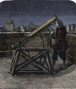 إسحاق نيوتن (1642-1727) عالم فيزياء إنجليزي يستخدم تلسكوبه. بواسطة فنان غير معروف