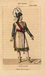 مغنية السوبرانو الإيطالية Giuditta Pasta في الدور الرئيسي لـ Tancredi في الأوبرا التي تحمل الاسم نفسه لـ Gioachino Rossini والتي تم عرضها في أوبرا بوفا ، باريس بواسطة فنان غير معروف