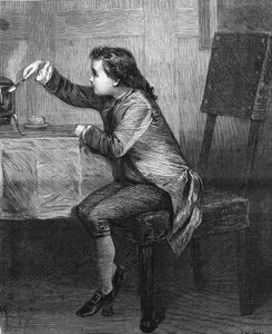 جيمس وات (1736-1819) طفل يكتشف قوانين البخار ، نقش عام 1868 حسب لوحة ماركوس ستون. بواسطة فنان غير معروف