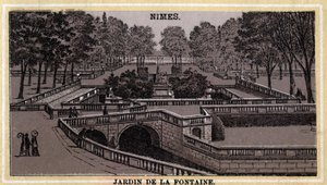 Jardin de la Fontaine في Nimes (Gard ، لانغدوك روسيون). الطباعة الحجرية الملونة في أواخر القرن التاسع عشر. بواسطة فنان غير معروف