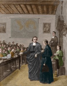 جان بابتيست دي لا سال (جان بابتيست) (1651-1719) متدين فرنسي ، مؤسس جماعة إخوة المدارس المسيحية ، عرض إحدى مدارسه إلى إم دي لا شيتاردي. نقش من نهاية القرن التاسع عشر. بواسطة فنان غير معروف