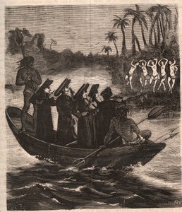 وصل المبشرون اليسوعيون بالقارب بين هنود الغواراني في باراغواي عام 1553 - نقش عام 1879 في "تاريخ المجتمعات السرية والسياسية والدينية" بقلم بيير زكوني (1817-1895) بواسطة فنان غير معروف