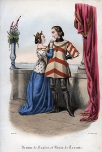 جوان الأول (جين إيري دانجو) (1326-1382) ، ملكة نابولي ولويس ، أمير تارانتو (لويس دي تارانتو) (1320-1362). نقش من عام 1842 في "تاريخ الباباوات" لموريس لاشاتر. مجموعة خاصة. بواسطة فنان غير معروف