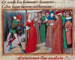جان القوس (1412-1431) مثبتة على الجزار. صورة مصغرة من مخطوطة "Vigilles du roi Charles VII" بقلم Martial d'Auvergne بواسطة فنان غير معروف