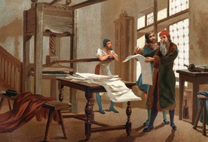 يوهانس جوتنبرج (1400-1468) ، طابعة ألمانية ، طبع الورقة الأولى من الكتاب المقدس. بعد احتفالات hombres y Mujeres. برشلونة 1877. بواسطة فنان غير معروف