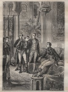 رحلة (1798) لفريدريك كونراد (كونراد) هورنمان (1772-1801) إلى فزان (ليبيا): رحب بونابرت بهورنمان في القاهرة (مصر) - رسم توضيحي من "البحارة العظماء في القرن الثامن عشر" بواسطة فنان غير معروف