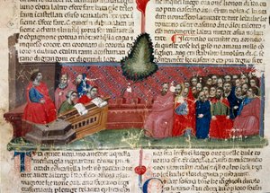 جول سيزار (101-44 قبل الميلاد) على العرش تفاصيل صفحة مخطوطة بعنوان "حقائق عن الرومان" (Ms 1538) حوالي 1340 فلورنسا ، مكتبة ريكارديانا بواسطة فنان غير معروف