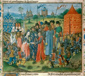 سلم الملك تشارلز السادس (1368-1422) ابنته إيزابيلا من فرنسا (1389-1409) إلى ريتشارد الثاني (1367-1400) ملك إنجلترا قبل جمعية اللوردات الفرنسية والإنجليزية المصغرة من "سجلات" بقلم جان فرويسارت (1337- 1400) القرن الخامس عشر باريس. BN بواسطة فنان غير معروف