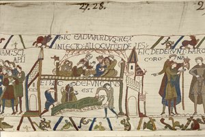 الملك إدوارد المعترف على فراش الموت ، Bayeux Tapestry (تطريز من الصوف على الكتان) بواسطة فنان غير معروف