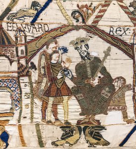 الملك إدوارد المعترف يرسل هارولد إلى نورماندي ، Bayeux Tapestry (تطريز صوف على الكتان) بواسطة فنان غير معروف
