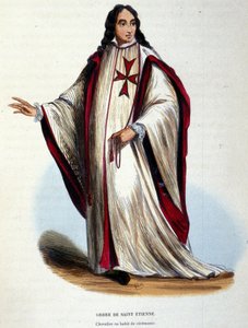 فارس من وسام القديس ستيفن في اللباس الاحتفالي. نظام عسكري وديني أنشأه دوق توسكانا الأكبر عام 1561. نقش القرن التاسع عشر. بواسطة فنان غير معروف