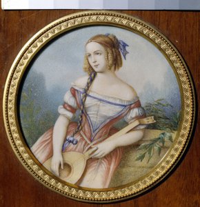 الممثلة الروسية فارفارا أسينكوفا (1817-1841) ، في دور إزميرالدا مأخوذة من "نوتردام دي باريس" للمخرج فيكتور هوغو (1802-1885). (الممثلة الروسية فارفارا أسينكوفا بدور إزميرالدا). عمل مجهول ، ألوان مائية على ورق بواسطة فنان غير معروف