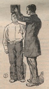 قياس الأنثروبومترية القضائية أو Bertillonage ، طريقة ألفونس بيرتيلون (1853-1914): قياس الحجم - نقش في "La Science francaise" بواسطة فنان غير معروف