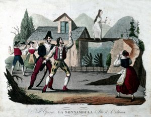 المشهد الأخير من الفصل الثاني من فيلم "La somnambule (La sonnanbula") للمخرج Vincenzo Bellini. نقش من عام 1835. بواسطة فنان غير معروف