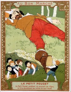 Le Petite Poucet يخلع حذاءه المكون من سبع بطولات إلى غول asoupi - علامة Bon Marché الإعلانية ، نهاية القرن التاسع عشر بواسطة فنان غير معروف
