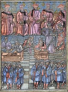 نقش Le prevot des marchands et les echevins de Paris في القرن السادس عشر بعد النسخة الأصلية لعام 1528 - وكيل التجار وأعضاء مجلس الإدارة في باريس ، مشهد تحصيل الضرائب ، صفحة العنوان من "المراسيم الملكية للسلطة القضائية لـ Prevote des Merchants بواسطة فنان غير معروف