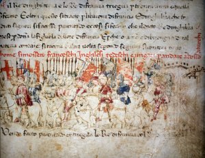 رابطة الفرنسيين والإنجليز والألمان والهنغاريين ضد الأتراك عام 1391 - في "" Croniche del Sercambi "" ، حوالي 1400. الأرشيف الوطني ، لوكا. بواسطة فنان غير معروف
