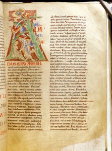 Lettrine: الحرف "أ" يمثل خلق آدم (الكتاب المقدس و. القسوة). صورة مصغرة للمخطوطة "" Treats sur la Trinite de Saint Augustine "من دير Citeaux بواسطة فنان غير معروف