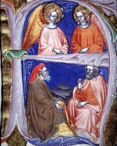 Lettrine يمثل الملائكة والفلاسفة الذين يناقشون - في De civitate dei de St Augustine. مخطوطة القرن الرابع عشر. البلدية الكتاب المقدس. ريميني. بواسطة فنان غير معروف