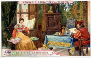 Liebig chromolithography on the life of Rembrandt (1606 - 1669) ، رسام هولندي. هنا يرسم صورة زوجته الشابة ساسكيا عام 1654. بواسطة فنان غير معروف