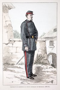 ملازم في حراس السلام من كتيبة فرساي (1871-1873). نقش بالألوان ، للتوضيح ، كتاب "Histoire du corps des gardiens de la paix" "" "الذي نُشر تحت رعاية حاكم شرطة نهر السين لويس ليبين (1846-1933) ، بقلم أ. بواسطة فنان غير معروف