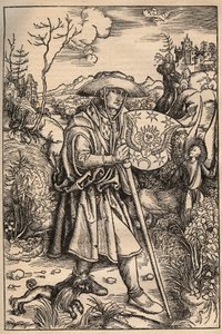 L'image du Pelerin - الحاج مع كلبه أمام قلعة ، رسم توضيحي من طبعة لأوبرا يوهانس جيرسون (JEAN CHARLIER DE GERSON) نُشرت عام 1514 بواسطة فنان غير معروف