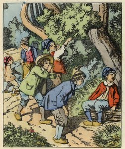 خسر ليتل بوكيه وإخوته في الغابة التي هجرها آباؤهم. رسم توضيحي لحكاية "Le Pepetit Poucet" للكاتب تشارلز بيرولت بواسطة فنان غير معروف