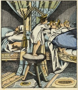 يضع ليتل بوكيه تيجان بنات الغول السبع على رأس إخوته. رسم توضيحي لحكاية "Le Petite Poucet" لتشارلز بيرولت بواسطة فنان غير معروف