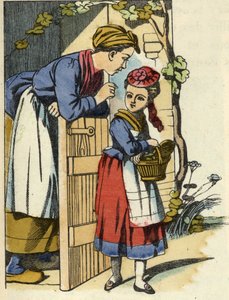 تقدم والدة Little Red Riding Hood توصياتها النهائية بالذهاب إلى منزل الجدة. رسم توضيحي لحكاية "ذات الرداء الأحمر" من تأليف تشارلز بيرولت بواسطة فنان غير معروف