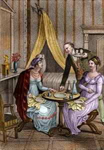 عشاء قليل. أوليمب دي جوج (1748-1793) ، سيدة أدبية فرنسية وثورية مع سيلين إحدى صديقاتها. في "" Conseils a ma fille "" لجان نيكولا بويلي (1763-1842). 1820. مجموعة خاصة. بواسطة فنان غير معروف