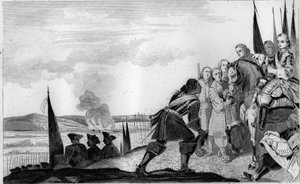 لويس الخامس عشر (1710-1774) في معركة فونتينوي عام 1745 - حرب خلافة النمسا (1740-1748) - موريس ساكسونيا ، مارشال ساكسونيا (1696-1750) ، منتصرًا في معركة فونتينوي ، يلتقي بملك فرنسا ، لويس الخامس عشر (1710-1774) - نقش عام 1825 في "هاي بواسطة فنان غير معروف