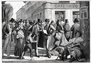 مدريد عام 1873. مشاة عند زاوية شارع إشبيلية وشارع الكالا. نقش من عام 1873. بواسطة فنان غير معروف