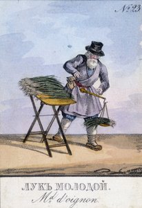 رجل يزن البصل في ميزان معلق على حزامه. رسم توضيحي للقرن التاسع عشر. نقش القرن التاسع عشر بواسطة فنان غير معروف