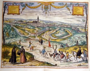 خريطة لمدينة إشبيلية عام 1590. في أسفل يمين الصورة ، يسخر أهل القرية من الديوث على حماره. بواسطة فنان غير معروف