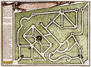 خريطة للمتاهة في حديقة قلعة فرساي ، أنشأها أندريه لو نوتر (1613-1700). النقش في "" الطبيعة. مجلة العلوم وتطبيقاتها في الفنون والصناعة " بواسطة فنان غير معروف