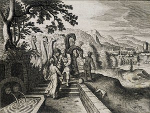 زواج اسحق وريبيكا. نقش من الكتاب المقدس من القرن السابع عشر. بواسطة فنان غير معروف