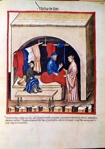 تجارة الأدوية: "" تاجر ملابس حريري "" صفحة مأخوذة من "" Tacuinum sanitatis "(كود سر. 2644) حوالي 1400 فيينا ، Osterreischische Nationalbibliothek بواسطة فنان غير معروف