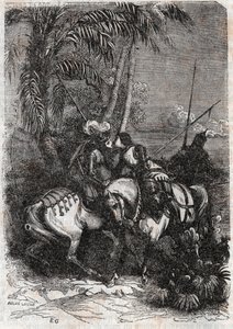 لقاء مارفيزي (مارفيسا) وأستولفي (أستولفو) وسانسونيت (سانسونيتو) - نقش عام 1851 من "" Roland furieux "(أورلاندو فوريوسو) (القرن السادس عشر) بواسطة Ludovico Ariosto ، المعروف باسم Ariosta - إصدار مترجم من الإيطالية بواسطة الكونت من تريسان بواسطة فنان غير معروف