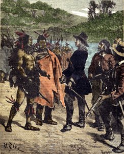 لقاء روبرت كافيلير دي لا سال (1643-1687) مع هنود أمريكا. نقش القرن التاسع عشر. بواسطة فنان غير معروف