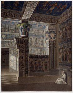 Memnonium Thebes، pl 37: منظر داخلي ملون لمعبد الغرب - في "" Egyptian Antiquites "، sd. القرن ال 19 بواسطة فنان غير معروف