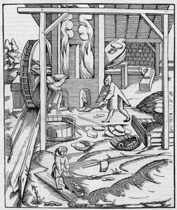 منفاخ فرن معدني يعمل بمحرك هيدروليكي. تشبيه الوجه (Fac-simile) لنقش منشور في "" Cosmographie "(1555) بواسطة سيباستيان مونستر. النقش في "" La Nature: revue des sciences et de leurs applications aux arts et a l'industrie "&q بواسطة فنان غير معروف