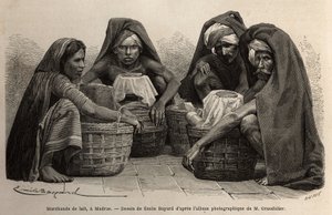 تجار ألبان في شوارع مدراس (تشيناي الحالية ، تاميل نادو). نقش لتوضيح الرحلة في مقاطعات خط الطول في الهند ، بواسطة ألفريد غرانديدير ، في 1862-1864 ، نُشر في "" le tour du monde "، تحت إشراف D