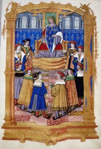 صورة مصغرة من القرن الخامس عشر أو السادس عشر تصور لويس الحادي عشر (1423-1483) وفرسان وسام القديس ميخائيل. بواسطة فنان غير معروف